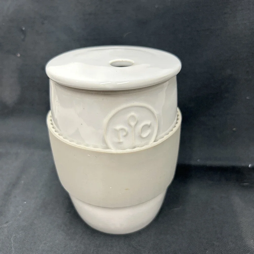 Pampered Chef White Ceramic Egg Cooker Cup Lid with Gray Silicone Sleeve #1529